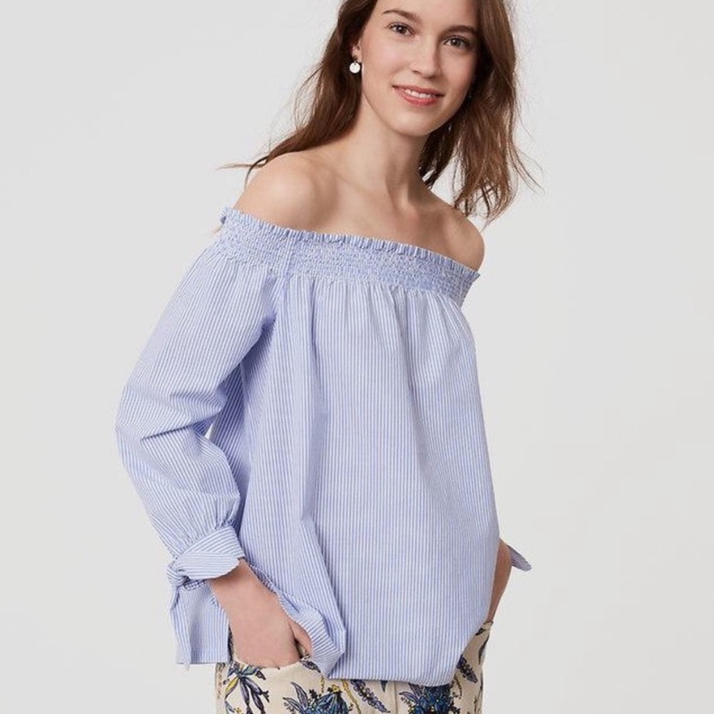 LOFT Blue and White Striped Off the Shoulder Shirt